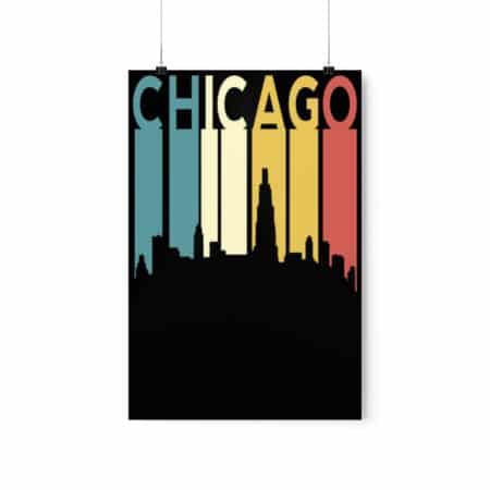Chicago Retro Poster - Cutout Skyline with Grunge Colors on Black Background
